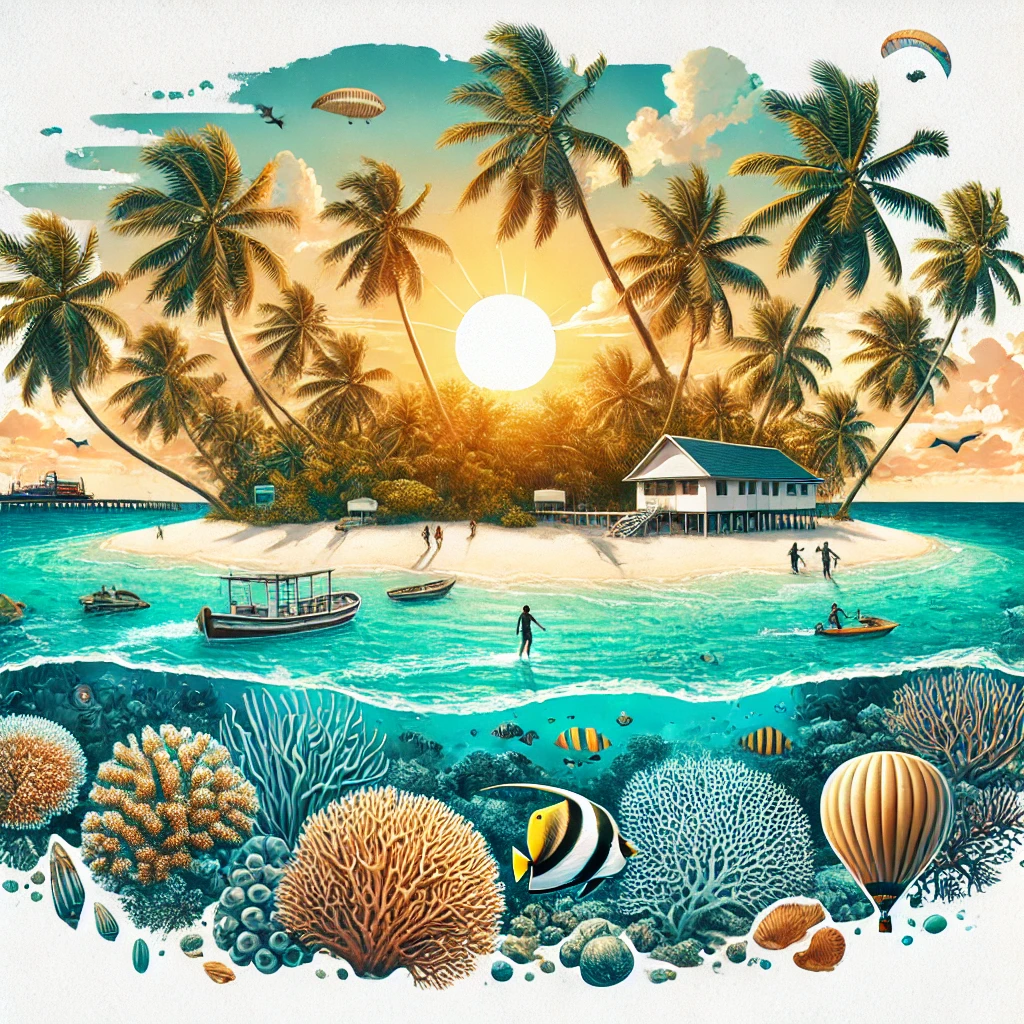 A beautiful summary image of Lakshadweep featuring its main attractions