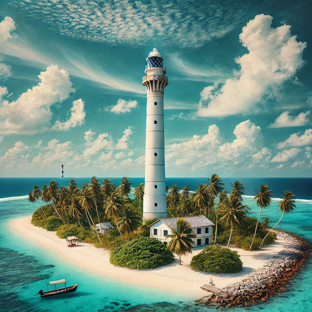 A panoramic view of Minicoy Island featuring its iconic lighthouse standing tall against a bright blue sky