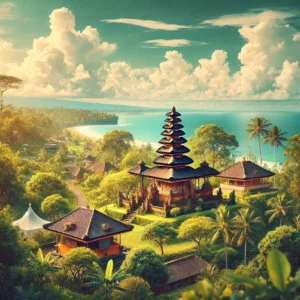 A picturesque scene of Bali, featuring lush green landscapes with tropical trees, golden sandy beaches, and a traditional Balinese temple in the backg