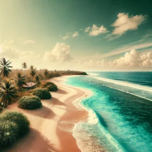 A pristine beach in Bali, showcasing turquoise blue waters meeting a sandy shore. The beach is lined with palm trees, and there are gentle waves lappi