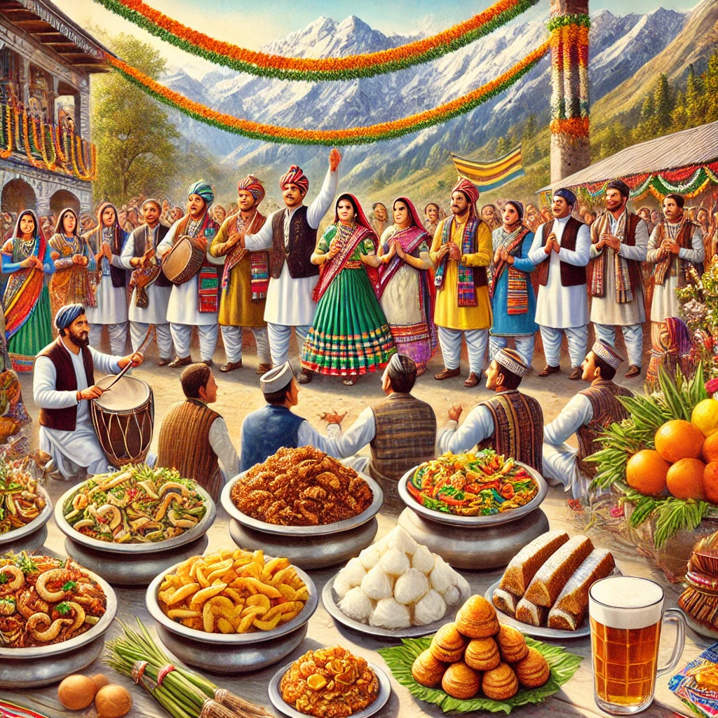 A scene depicting Kumaoni culture and cuisine in Ranikhet. People are dressed in traditional Kumaoni attire, celebrating a cultural event with folk da