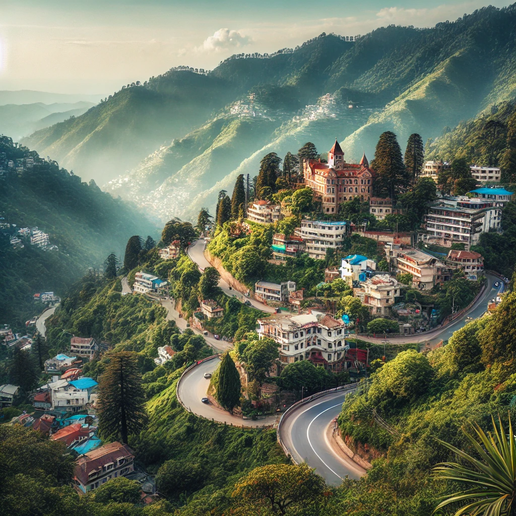 A scenic view of Mussoorie, showcasing the winding roads, lush green hills, and colonial architecture, capturing the charm of Mussoorie's scenic wonde