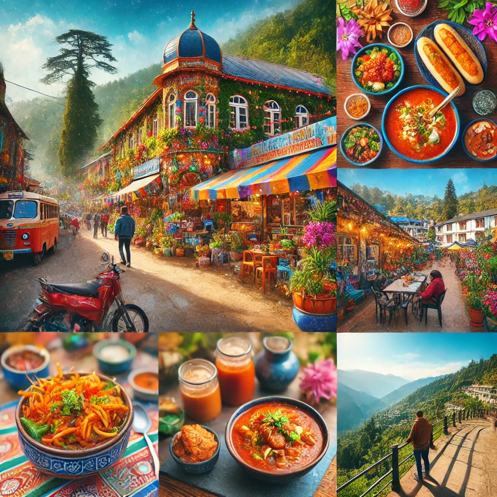 A vibrant scene capturing the flavors of Mussoorie, featuring local food stalls, colorful dishes like Aloo Ke Gutke, and cozy hilltop cafes with beauty