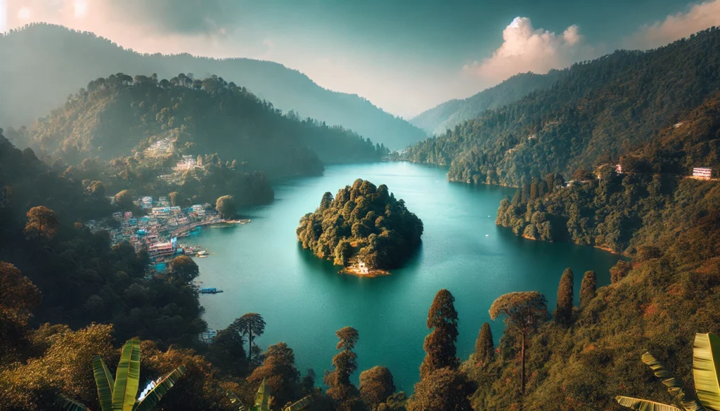 Bhimtal Lake in Nainital with a small island in the center