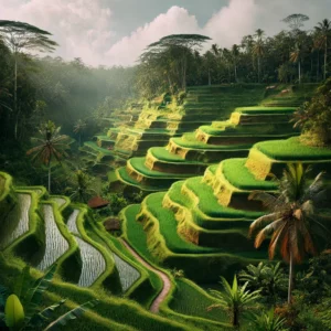 The Tegallalang Rice Terraces in Ubud, Bali, featuring lush green fields arranged in a step-like pattern on the hills. The terraces are surrounded by