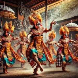 Traditional Balinese dance performance with dancers dressed in vibrant costumes. The dancers wear intricate headdresses and colorful garments, perform