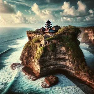 Uluwatu Temple in Bali, perched on a high cliff overlooking the ocean. The temple has traditional Balinese architectural features with intricate carvi