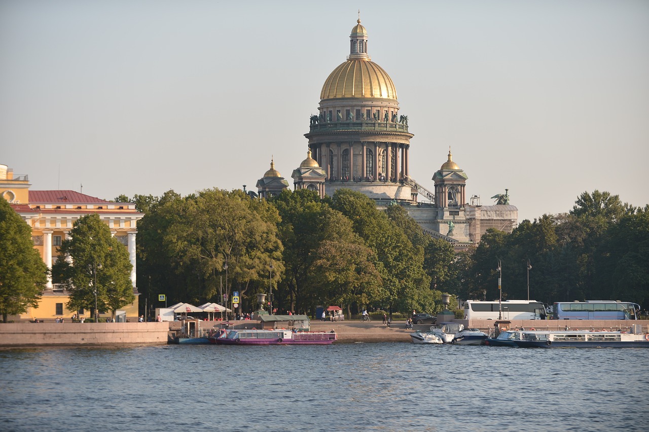 A panoramic view of the Neva River with the Winter Palace and Saint Isaac’s Cathedral in the background