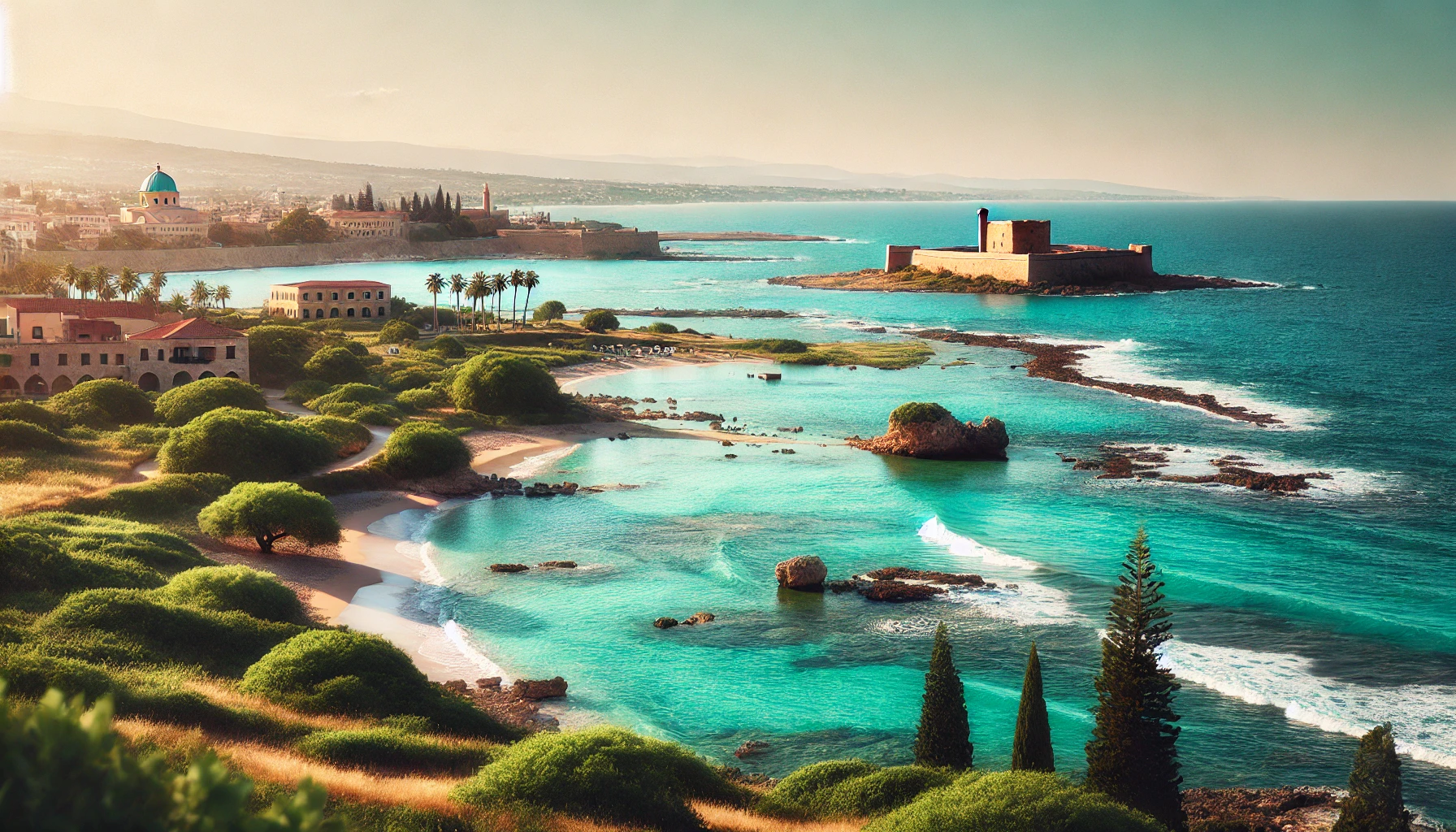 Barnīs coastline with turquoise waters and the old fort in the distance