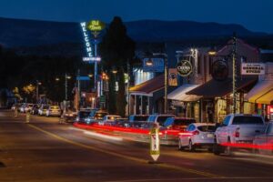 Scenic view of Old Town Cottonwood with mountains in the background