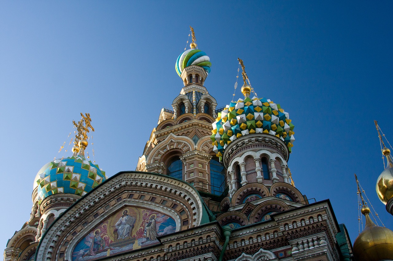 A close-up of the Church of the Savior on Spilled Blood's colorful domes